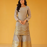 MASOOM MINAWALA | ADIVA GREY CHANDHERI KURTA, FLARED PANTS & ODHANI SET OF THREE
