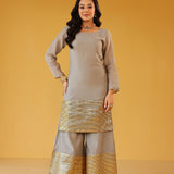 MASOOM MINAWALA | ADIVA GREY CHANDHERI KURTA, FLARED PANTS & ODHANI SET OF THREE