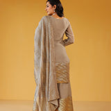 MASOOM MINAWALA | ADIVA GREY CHANDHERI KURTA, FLARED PANTS & ODHANI SET OF THREE