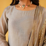MASOOM MINAWALA | ADIVA GREY CHANDHERI KURTA, FLARED PANTS & ODHANI SET OF THREE