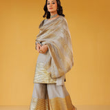 MASOOM MINAWALA | ADIVA GREY CHANDHERI KURTA, FLARED PANTS & ODHANI SET OF THREE