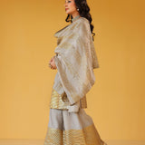 MASOOM MINAWALA | ADIVA GREY CHANDHERI KURTA, FLARED PANTS & ODHANI SET OF THREE