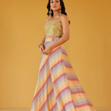 DISHA RAINBOW SKIRT, MUSTARD CROP TOP & ODHANI I SET OF THREE