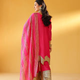 CHEF AMRITA RAICHAND | PINK AVNI PURE CHANDHERI KURTA FLARED PANTS & DUPATTA I SET OF THREE