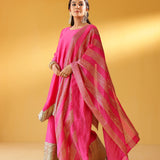 CHEF AMRITA RAICHAND | PINK AVNI PURE CHANDHERI KURTA FLARED PANTS & DUPATTA I SET OF THREE