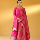 CHEF AMRITA RAICHAND | PINK AVNI PURE CHANDHERI KURTA FLARED PANTS & DUPATTA I SET OF THREE