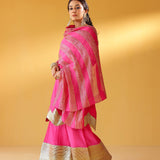 CHEF AMRITA RAICHAND | PINK AVNI PURE CHANDHERI KURTA FLARED PANTS & DUPATTA I SET OF THREE
