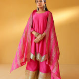 CHEF AMRITA RAICHAND | PINK AVNI PURE CHANDHERI KURTA FLARED PANTS & DUPATTA I SET OF THREE