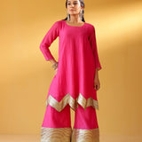 CHEF AMRITA RAICHAND | PINK AVNI PURE CHANDHERI KURTA FLARED PANTS & DUPATTA I SET OF THREE