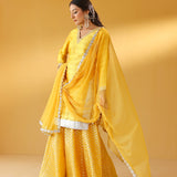 ARZOO YELLOW KURTA, BENARASI SHARARA & ODHANI Set OF THREE