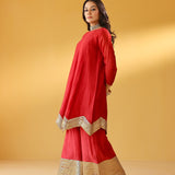 AVNI PURE CHANDHERI RED KURTA SHARARA & DUPATTA I SET OF THREE