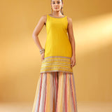 SIYA PURE CHANDHERI MUSTARD KURTA, SHARARA & ODHANI I SET OF THREE
