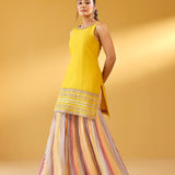 SIYA PURE CHANDHERI MUSTARD KURTA, SHARARA & ODHANI I SET OF THREE