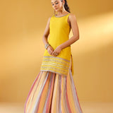 SIYA PURE CHANDHERI MUSTARD KURTA, SHARARA & ODHANI I SET OF THREE
