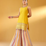 SIYA PURE CHANDHERI MUSTARD KURTA, SHARARA & ODHANI I SET OF THREE