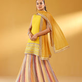 SIYA PURE CHANDHERI MUSTARD KURTA, SHARARA & ODHANI I SET OF THREE