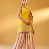 SIYA PURE CHANDHERI MUSTARD KURTA, SHARARA & ODHANI I SET OF THREE