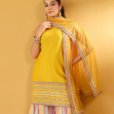 SIYA PURE CHANDHERI MUSTARD KURTA, SHARARA & ODHANI I SET OF THREE