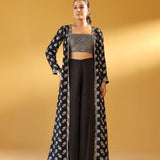 NAAZ BLACK CREPE CROP TOP, FLAIR PANTS & JACKET SET OF THREE