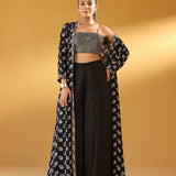NAAZ BLACK CREPE CROP TOP, FLAIR PANTS & JACKET SET OF THREE