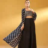 NAAZ BLACK CREPE CROP TOP, FLAIR PANTS & JACKET SET OF THREE