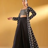 NAAZ BLACK CREPE CROP TOP, FLAIR PANTS & JACKET SET OF THREE