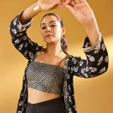NAAZ BLACK CREPE CROP TOP, FLAIR PANTS & JACKET SET OF THREE
