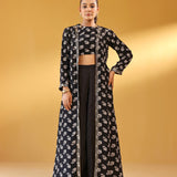 BLACK NAAZ CROP TOP, FLAIR PANTS & JACKET SET OF THREE