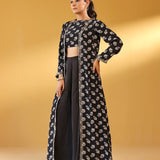 BLACK NAAZ CROP TOP, FLAIR PANTS & JACKET SET OF THREE
