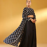 BLACK NAAZ CROP TOP, FLAIR PANTS & JACKET SET OF THREE