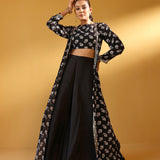 BLACK NAAZ CROP TOP, FLAIR PANTS & JACKET SET OF THREE