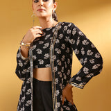 BLACK NAAZ CROP TOP, FLAIR PANTS & JACKET SET OF THREE