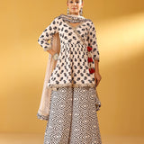 REVA CREAM PEPLUM KURTA, SHARARA & ODHANI SET OF THREE