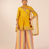 REVA MUSTARD PEPLUM KURTA, SHARARA & ODHANI SET OF THREE
