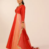 MYRA RED ANARKALI, TROUSERS & ODHANI SET OF THREE