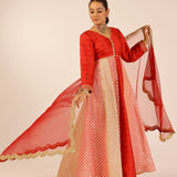 MYRA RED ANARKALI, TROUSERS & ODHANI SET OF THREE