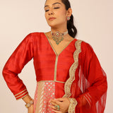 MYRA RED ANARKALI, TROUSERS & ODHANI SET OF THREE