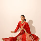 MYRA RED ANARKALI, TROUSERS & ODHANI SET OF THREE