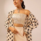 NAAZ CREAM CROP TOP, FLAIR TROUSERS & JACKET SET OF THREE