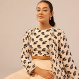 CREAM NAAZ CROP TOP, FLAIR PANTS & JACKET SET OF THREE