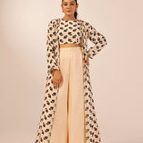 CREAM NAAZ CROP TOP, FLAIR PANTS & JACKET SET OF THREE