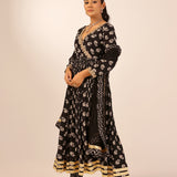 ZIYA BLACK CREPE ANARKALI, TROUSERS & ODHANI SET OF THREE