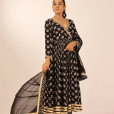 ZIYA BLACK CREPE ANARKALI, TROUSERS & ODHANI SET OF THREE