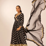 ZIYA BLACK CREPE ANARKALI, TROUSERS & ODHANI SET OF THREE