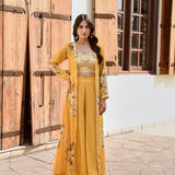 MUSTARD NAAZ CAPE, CROP TOP AND FLAIR PANTS SET OF 3