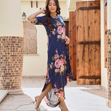 NAVY MULTI FLORAL ZIVA COWL DRESS