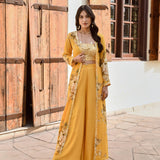 MUSTARD NAAZ CAPE, CROP TOP AND FLAIR PANTS SET OF 3