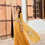MUSTARD NAAZ CAPE, CROP TOP AND FLAIR PANTS SET OF 3