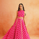 HOT PINK DISHA CROP TOP LEHENGA AND ODHANI SET OF THREE