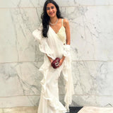 RENEE SEN | WHITE RARA DRAPED SAREE WITH GOTA CROP TOP AND BELT SET OF THREE